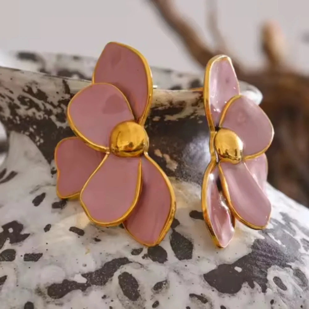 Blush Pink Petal Floral Gold Earrings